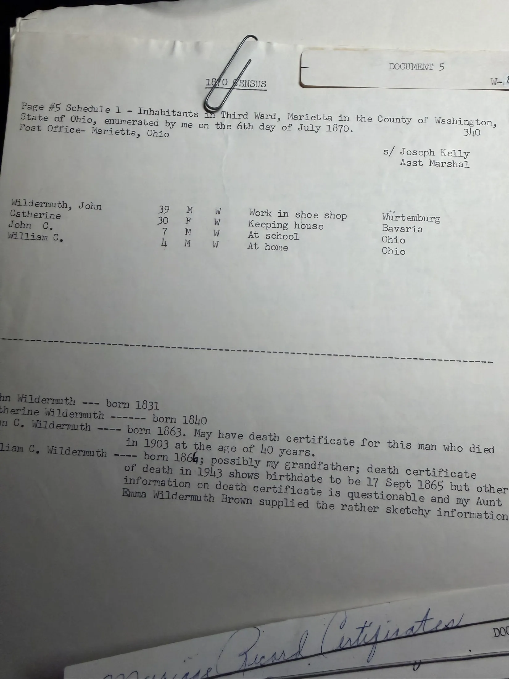 A typed transcription of page 5 of the 1870 federal census schedule for the Third Ward of Marietta, Washington County, Ohio, enumerated 6 July 1870, listing John Wildermuth aged 39, work in shoe shop, born Wurtemburg; Catherine 30, keeping house, born Bavaria; John C. 7, at school, born Ohio; and William C. 4, at home, born Ohio.