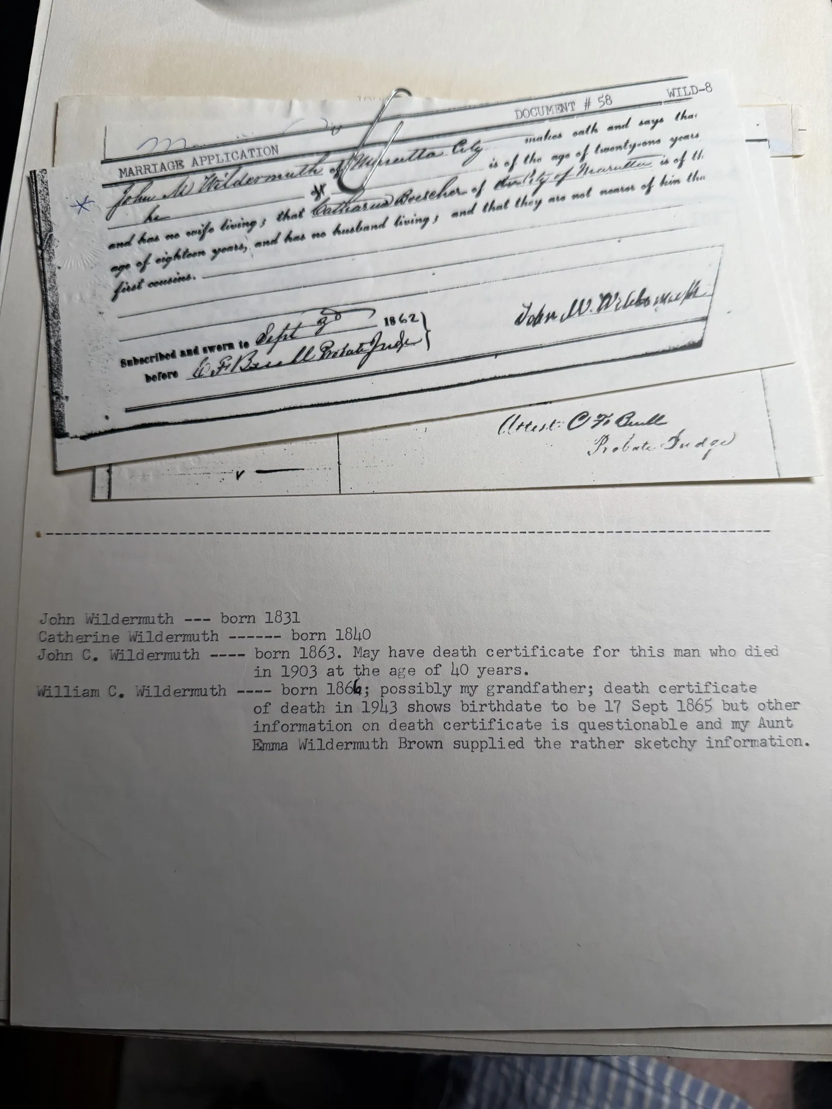 A photocopy of a handwritten Washington County marriage application of 3 September 1862, in which John M. Wildermuth of Marietta City swears to the ages of himself and Catharine Boeshar, that neither has a living spouse, and that they are not nearer of kin than first cousins, signed by him and sworn before the Probate Judge.