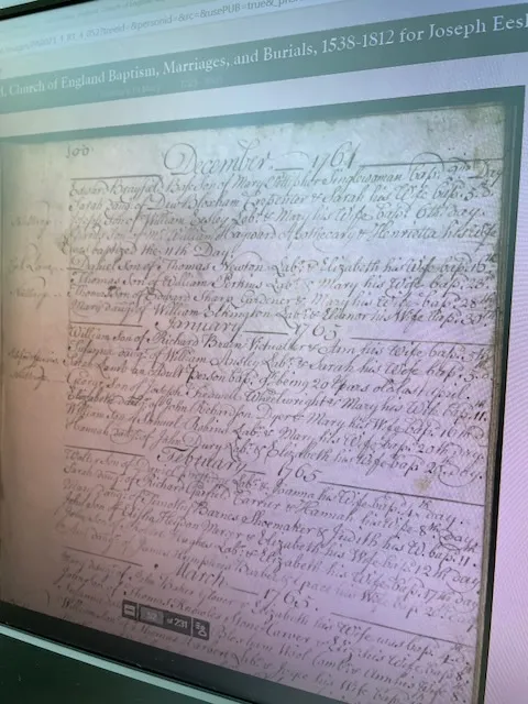 A page of the Banbury St Mary's parish register (Oxfordshire Church of England Baptisms, Marriages and Burials, 1538–1812), open to the entries of 1761–1765 — the span that includes Joseph's December 1764 baptism.