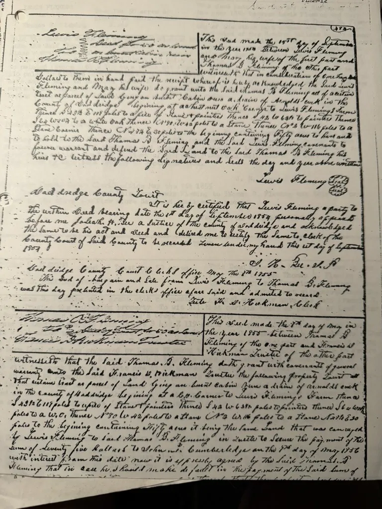 Two Fleming county records — the 1851 marriage and the 1854 deed