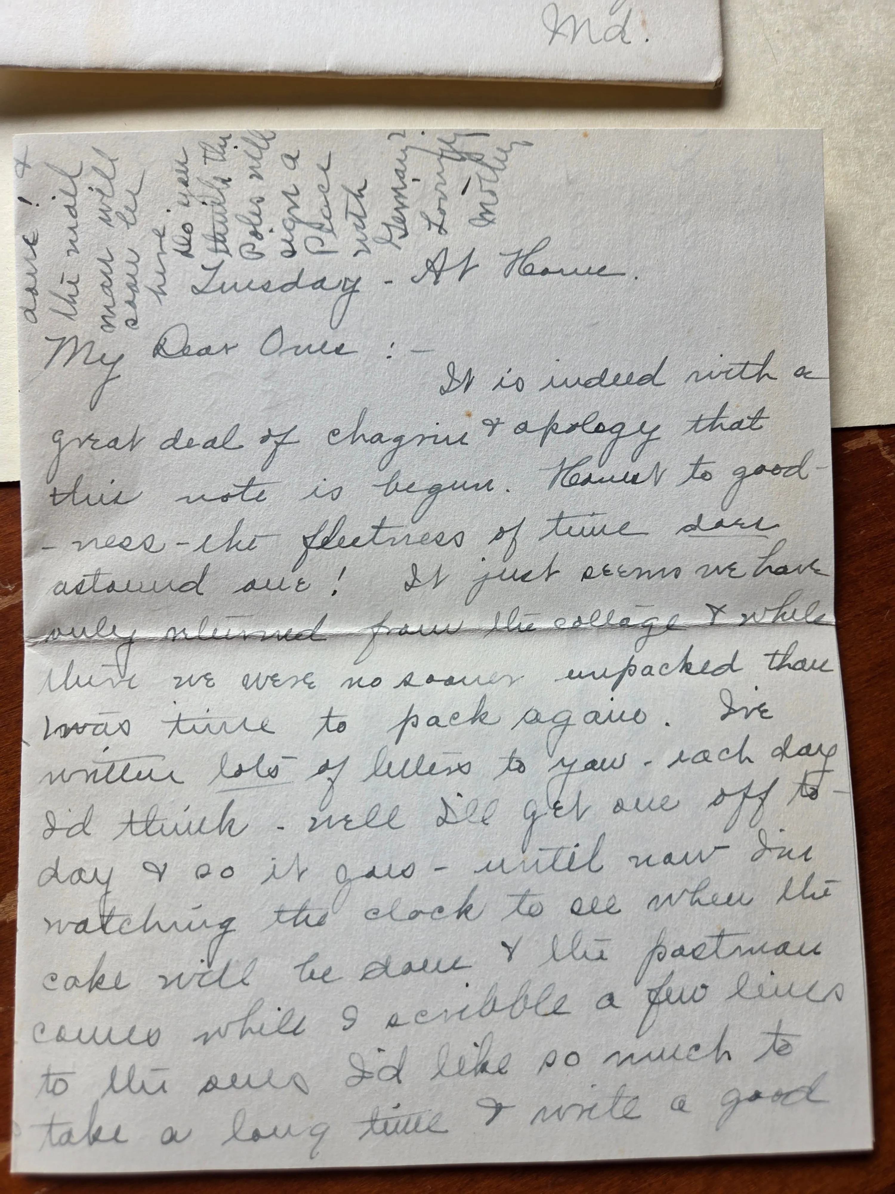 First page of Lillie Dale Eesley's letter to Leonard & Helen, dated "Tuesday — At Home," c. early September 1939, opening "My Dear Ones :- It is indeed with a great deal of chagrin & apology that this note is begun." From Roberta Burnes's keeping.