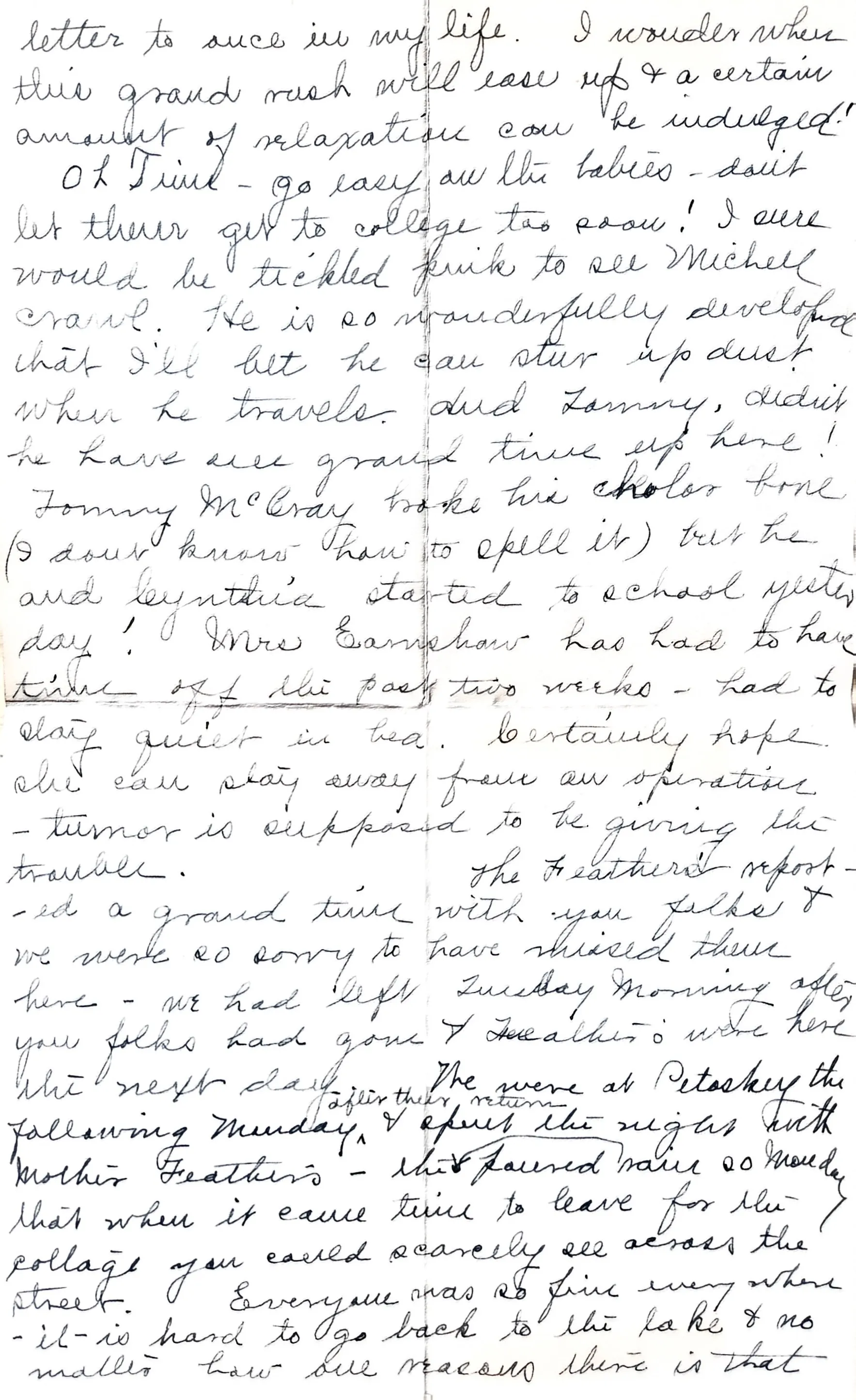 Second page continues the letter — talking about babies, college, Cyrus McCray's choler trouble, Mrs. Earnshaw's two-week illness with tumor concerns, and Bill (Will) and Mary visiting from Petoskey, Michigan after their stay at the Feathers' place. From Roberta Burnes's keeping.