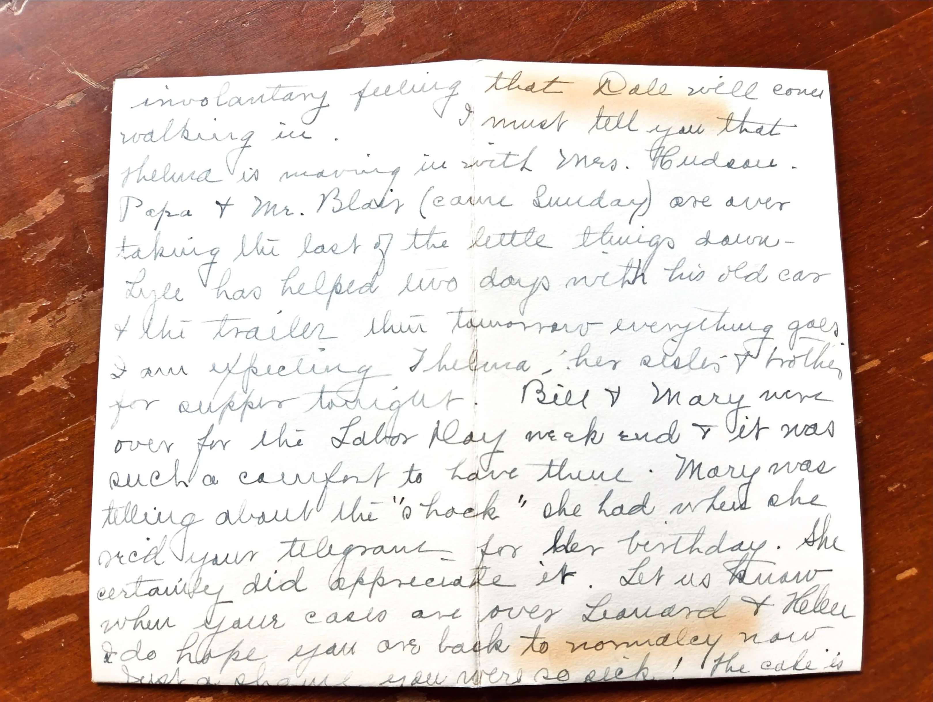 Third page — the most charged passage of the letter. Lillie Dale's line "the involuntary feeling that Dale will come walking in." Then Thelma moving in with Mrs. Hudson, with Lyle helping her two days with his old car & trailer. Then Bill & Mary at the Labor Day weekend, and Leonard & Helen's casts. From Roberta Burnes's keeping.