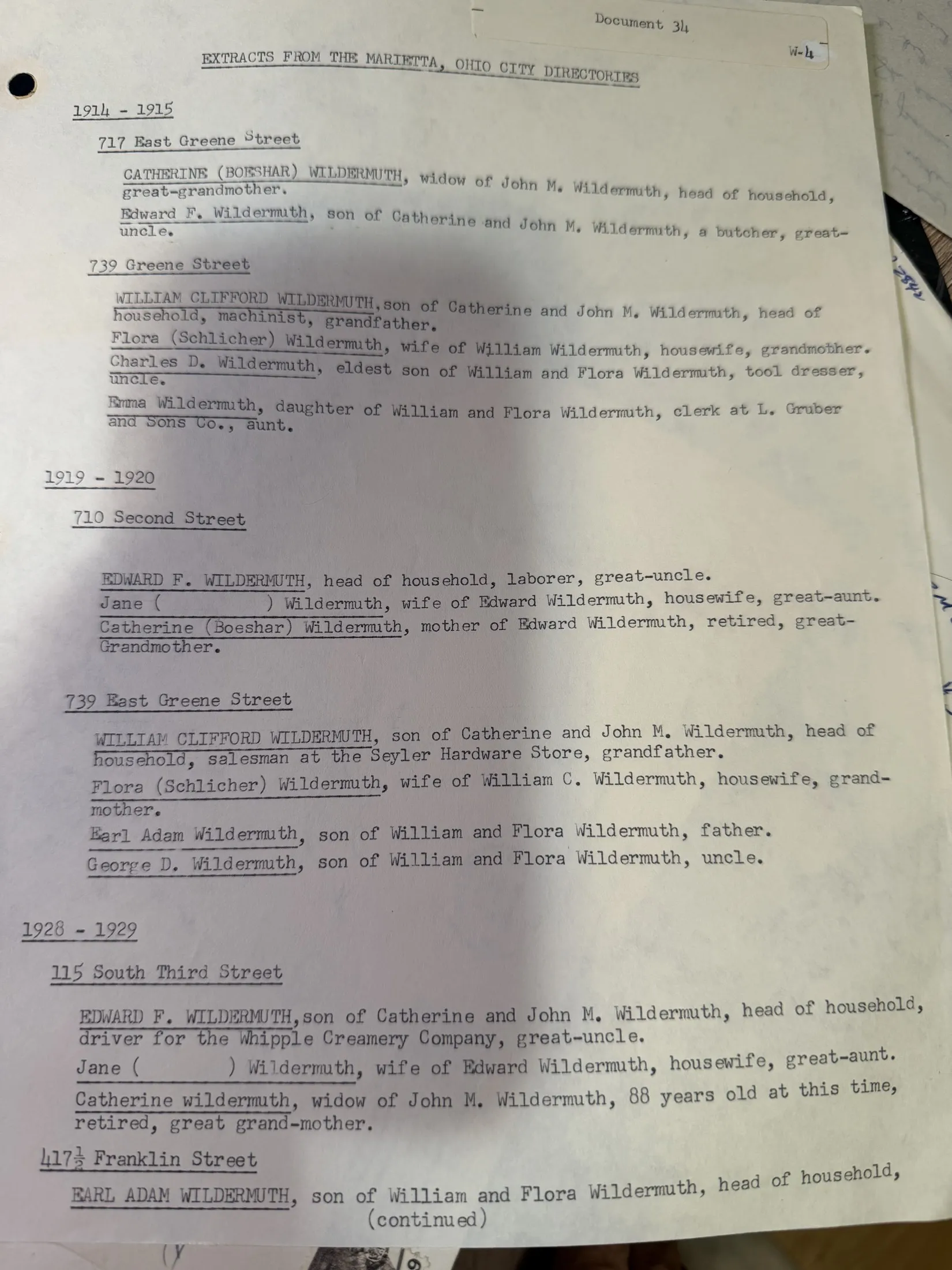 Marietta city directories, 1873–1929 — the Wildermuths at their addresses