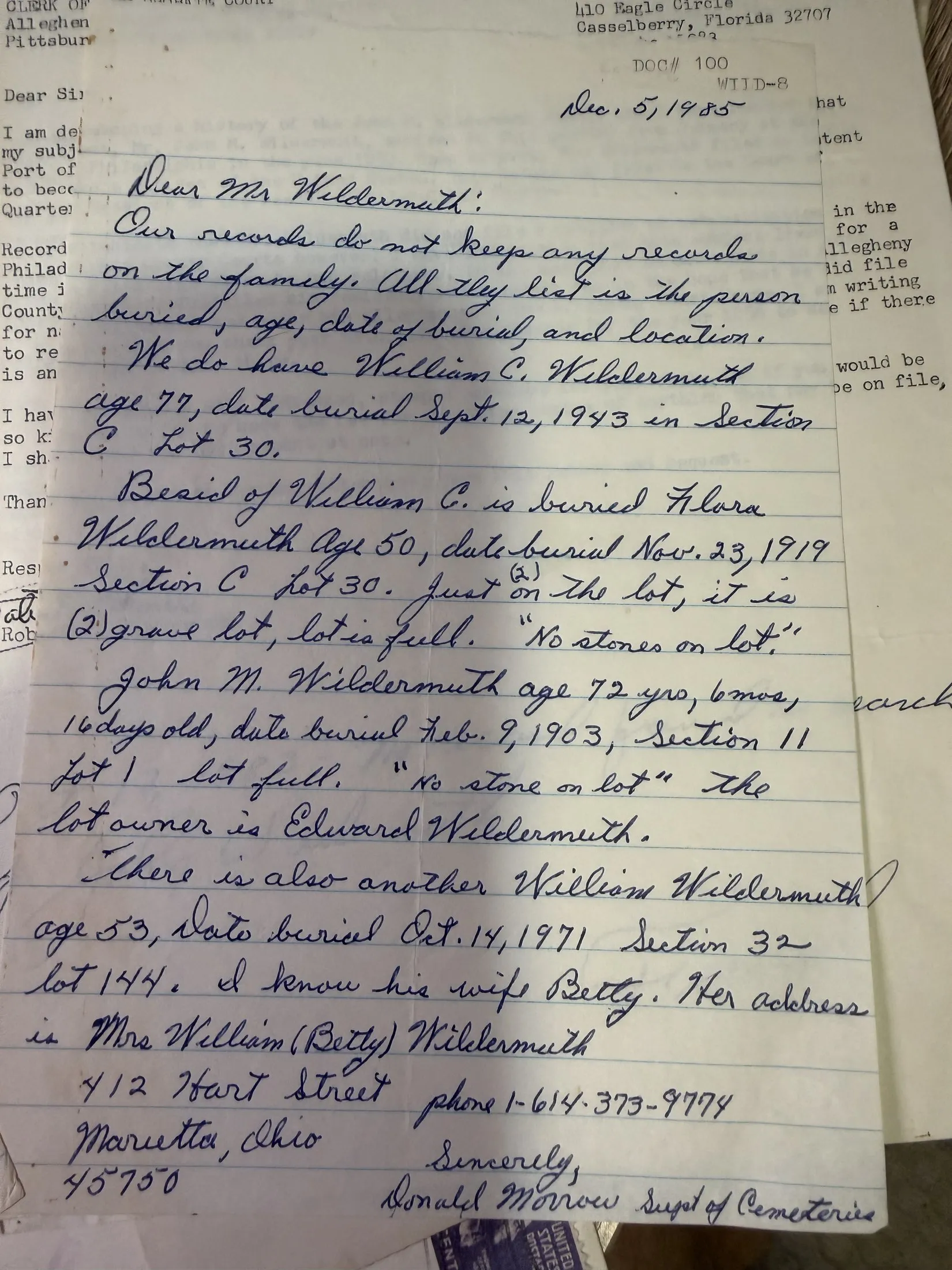 Where the Marietta Wildermuths lie — the cemetery superintendent's reply, 1985