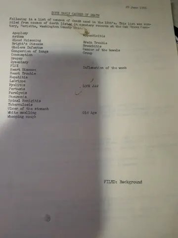 A typed page headed SOME EARLY CAUSES OF DEATH, dated 29 June 1984, listing nineteenth-century causes of death recorded in Oak Grove Cemetery records, including apoplexy, asthma, Bright’s disease, cholera infantum, consumption, dropsy, dysentery, fits, heart trouble, la grippe, lock jaw, white swelling and old age.