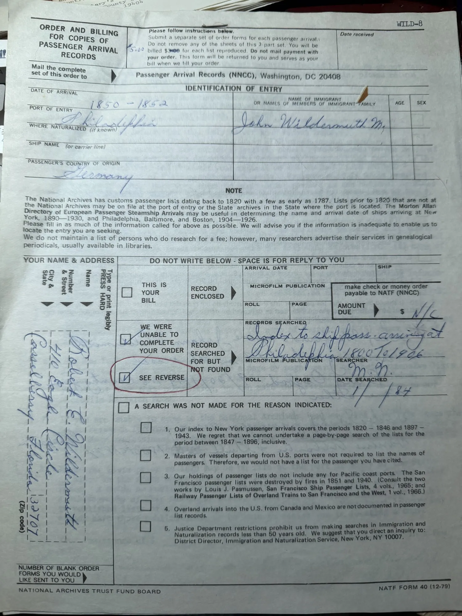 A typed letter dated 6 September 1983 from Lee Stanley, Archivist I, City of Philadelphia Department of Records, quoting two dollars for a photocopy of the declaration of intention of John M. Wildermuth and returning a three-dollar cheque.