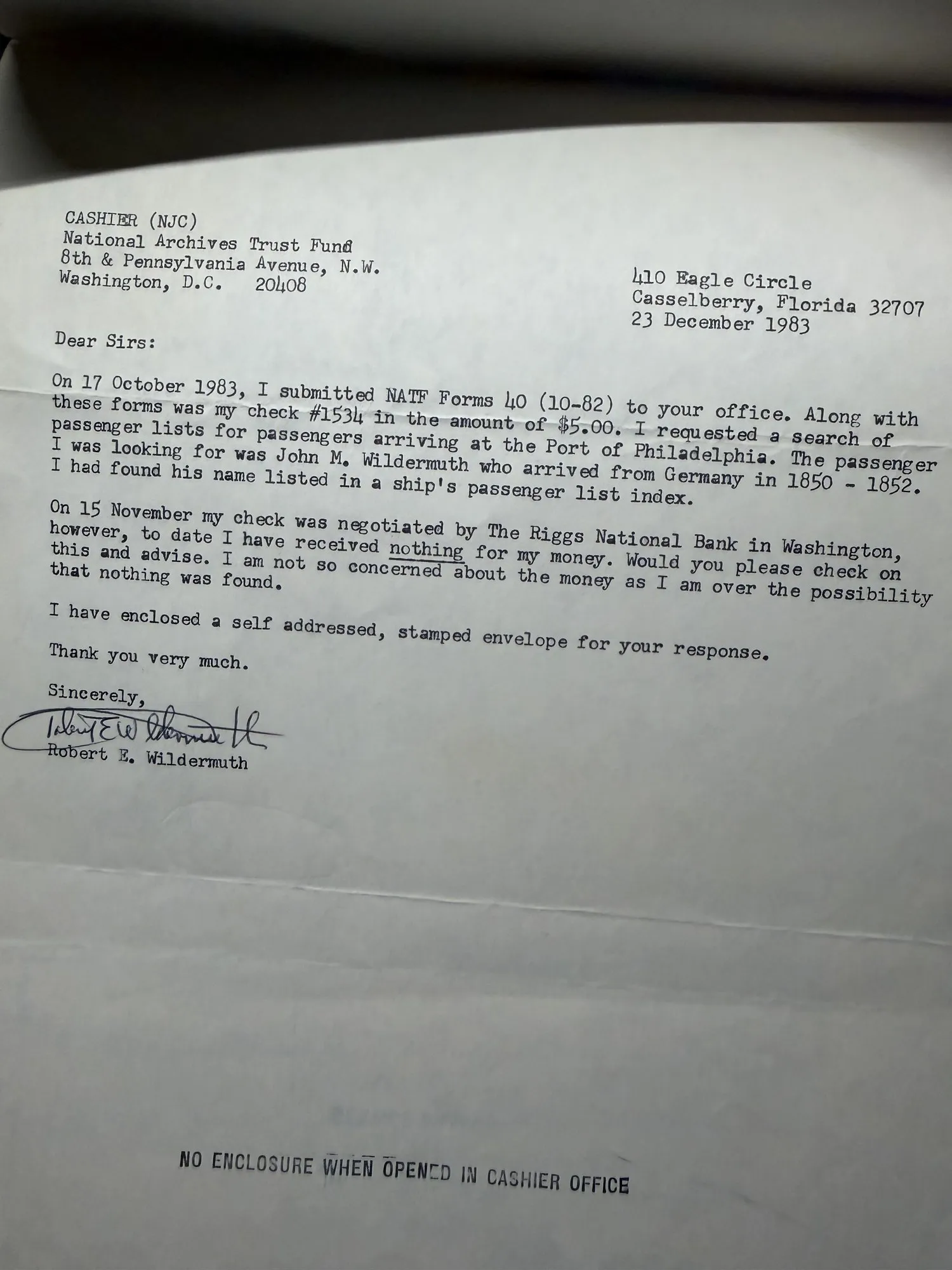 A typed letter on Evangelisches Pfarramt letterhead dated 26 February 1987, signed by U. Kelm, parish secretary, reporting that after a thorough search of the family register, baptismal register and confirmation register no entry could be found under the date given, and returning one enclosure.