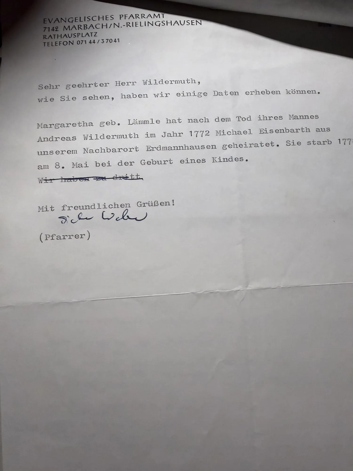 Writing to the Rielingshausen parish — two replies, five years apart