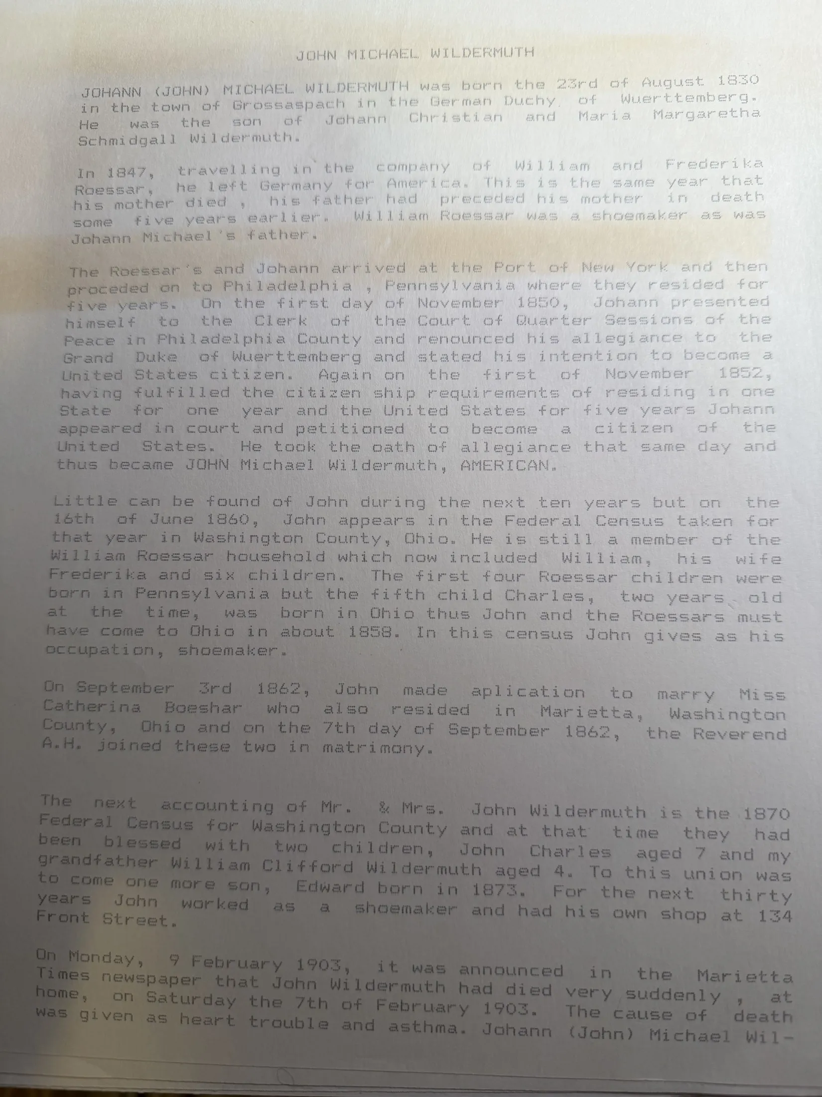 John Michael Wildermuth — Robert Earl Wildermuth's finished account — scan 1