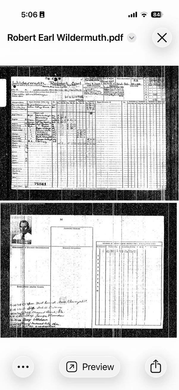 A phone photograph of a two-page PDF of the Stanford transcript, the second page showing blank sections for academic honors, student activities and scholarships, a record-of-scholastic-deficiency grid, and a column of handwritten later entries listing dates with places including Chicago, Orlando, Ormond Beach, Tampa, Oklahoma and Midwest City.
