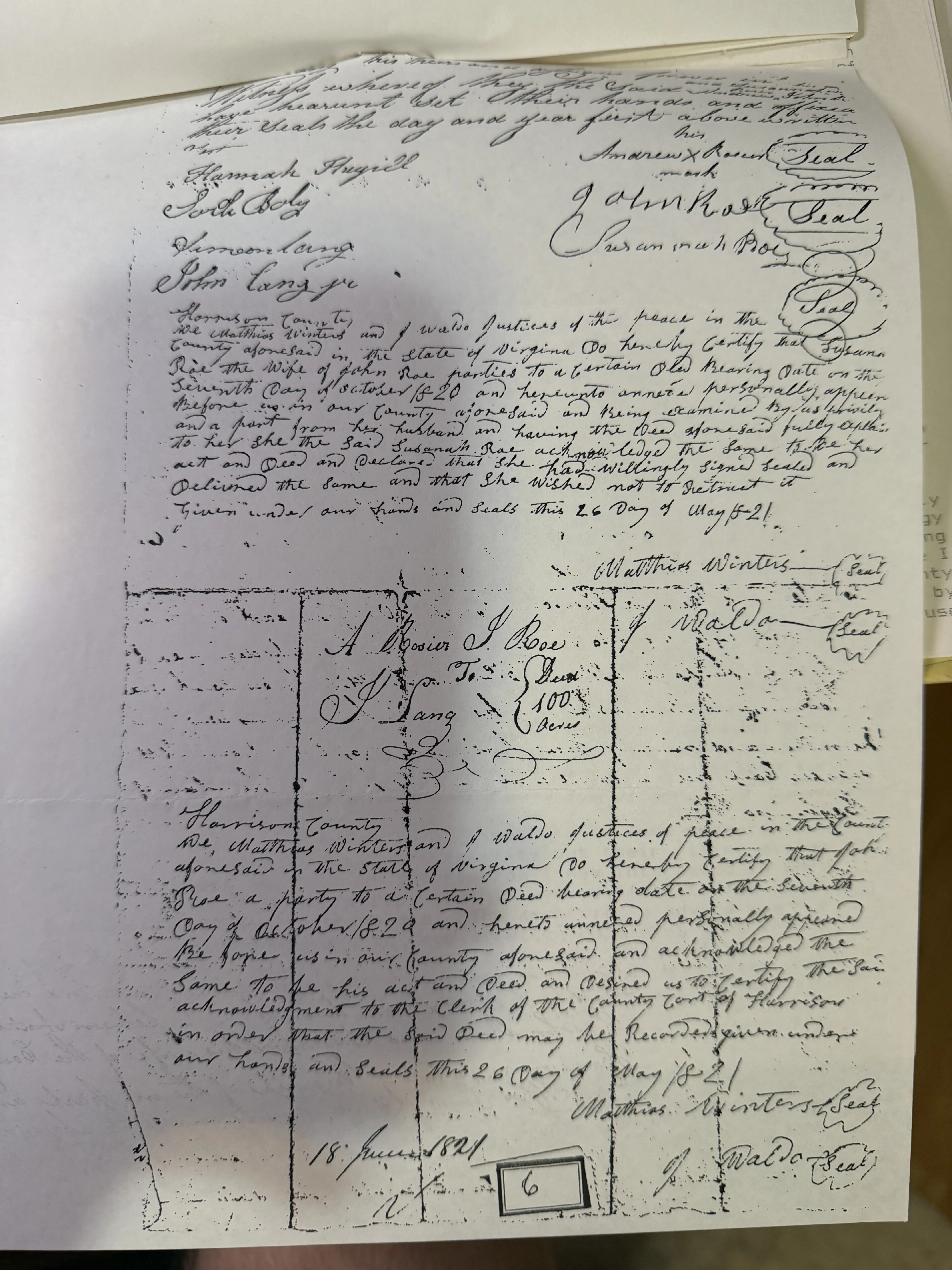 The Rosier & Roe deed, 7 October 1820 — Susannah Roe signs her own name