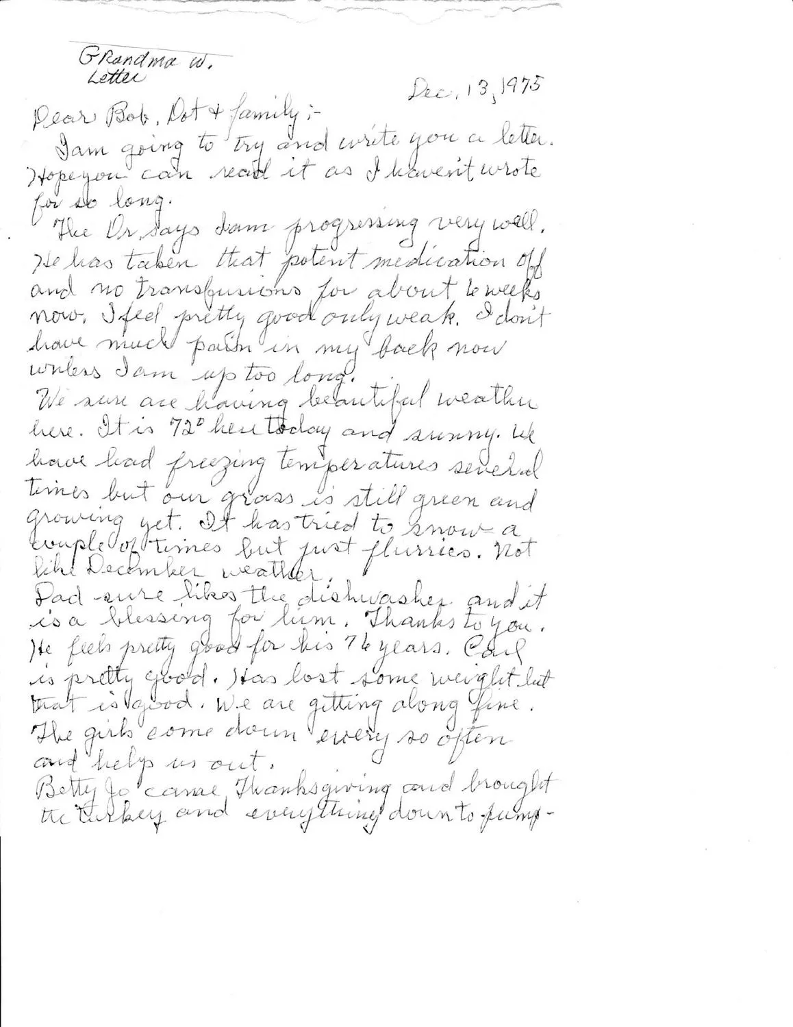 Sadye Irene Fleming Wildermuth's letter to her son Robert Earl, page 1 — 13 December 1975. Labeled by Robert Earl on the page as "Grandma W. Letter."