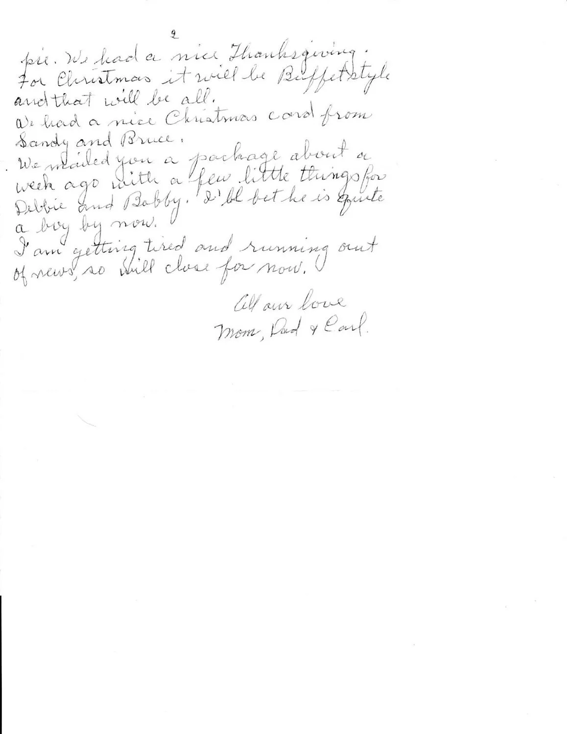 Sadye Irene Fleming Wildermuth's letter to her son Robert Earl, page 2 — closing the letter "All our love, Mom, Dad & Carl."