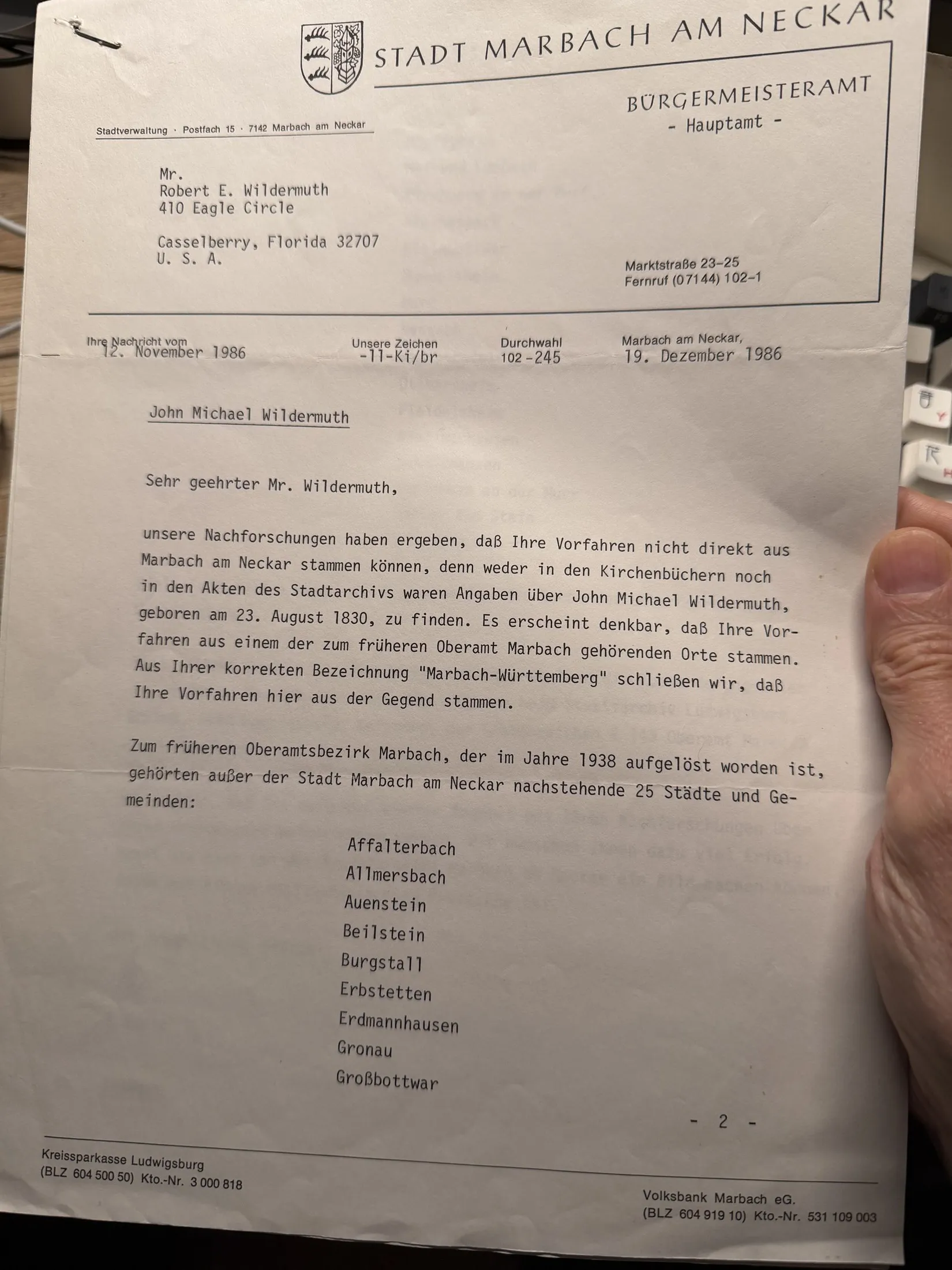 The Stadt Marbach reply, 19 December 1986 — twenty-five villages and an archive reference