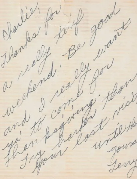Terrie's note to Charlie — "come for Thanksgiving," courtship era