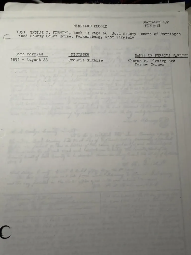 A typed abstract sheet headed MARRIAGE RECORD, Document #92, FLEM-12, citing 1851 Thomas B. Fleming, Book 1, Page 66, Wood County Record of Marriages, Wood County Court House, Parkersburg, West Virginia; date married 1851 August 28, minister Francis Guthrie, names of persons married Thomas B. Fleming and Martha Turner.