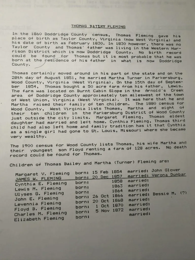 Thomas Bailey Fleming — biographical sketch, Robert Earl Wildermuth, c. 1990