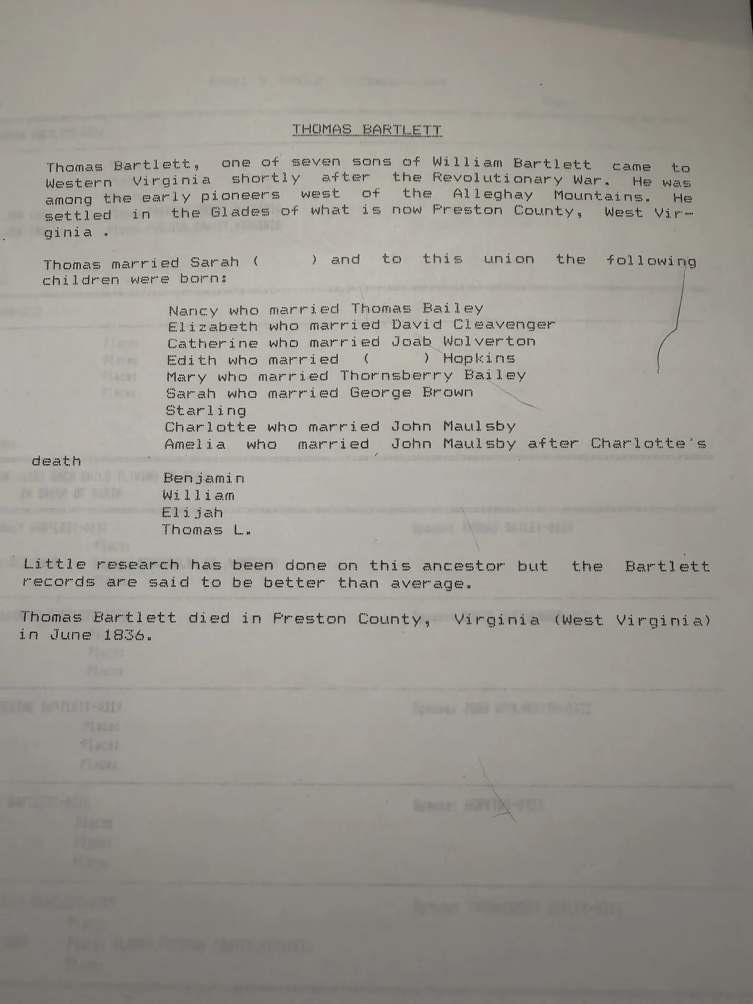 A typed page headed THOMAS BARTLETT, recording that he was one of seven sons of William Bartlett, came to Western Virginia shortly after the Revolutionary War, settled in the Glades of what is now Preston County, and listing his thirteen children and their spouses.