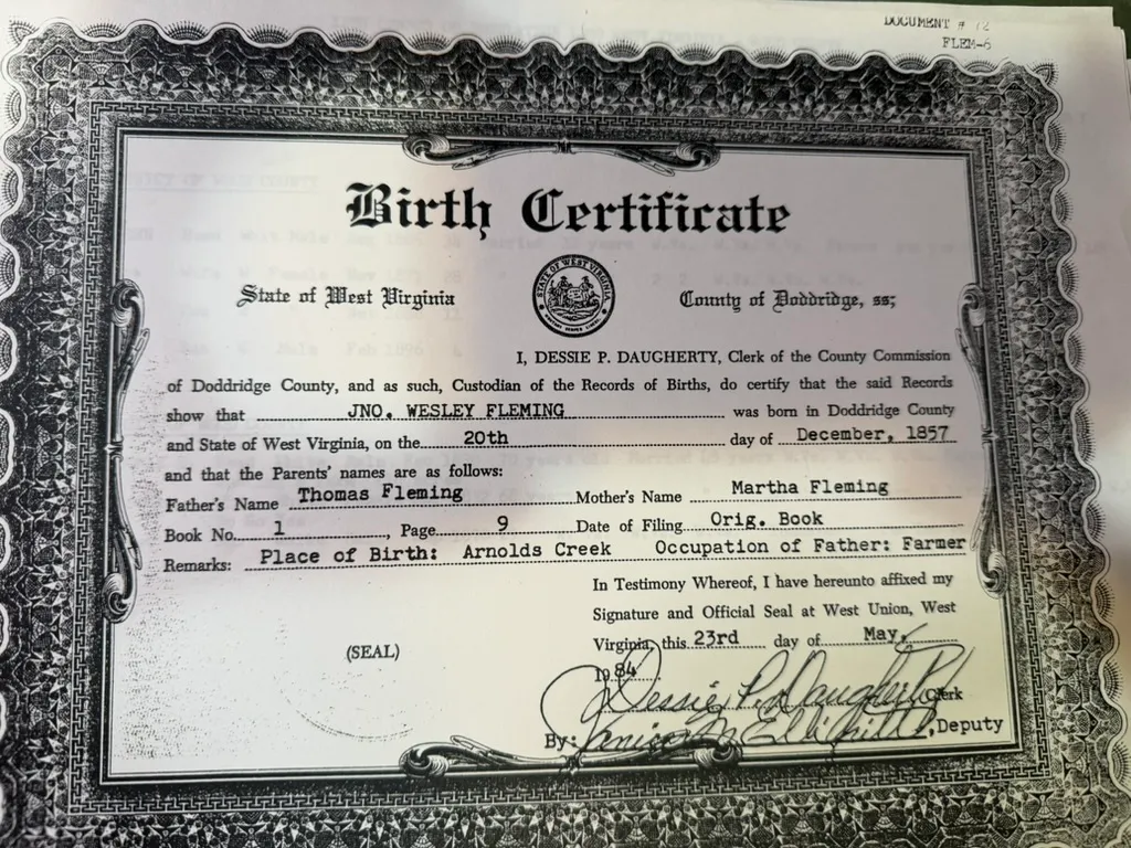 James Wesley Fleming's birth certificate — the archive's date was wrong