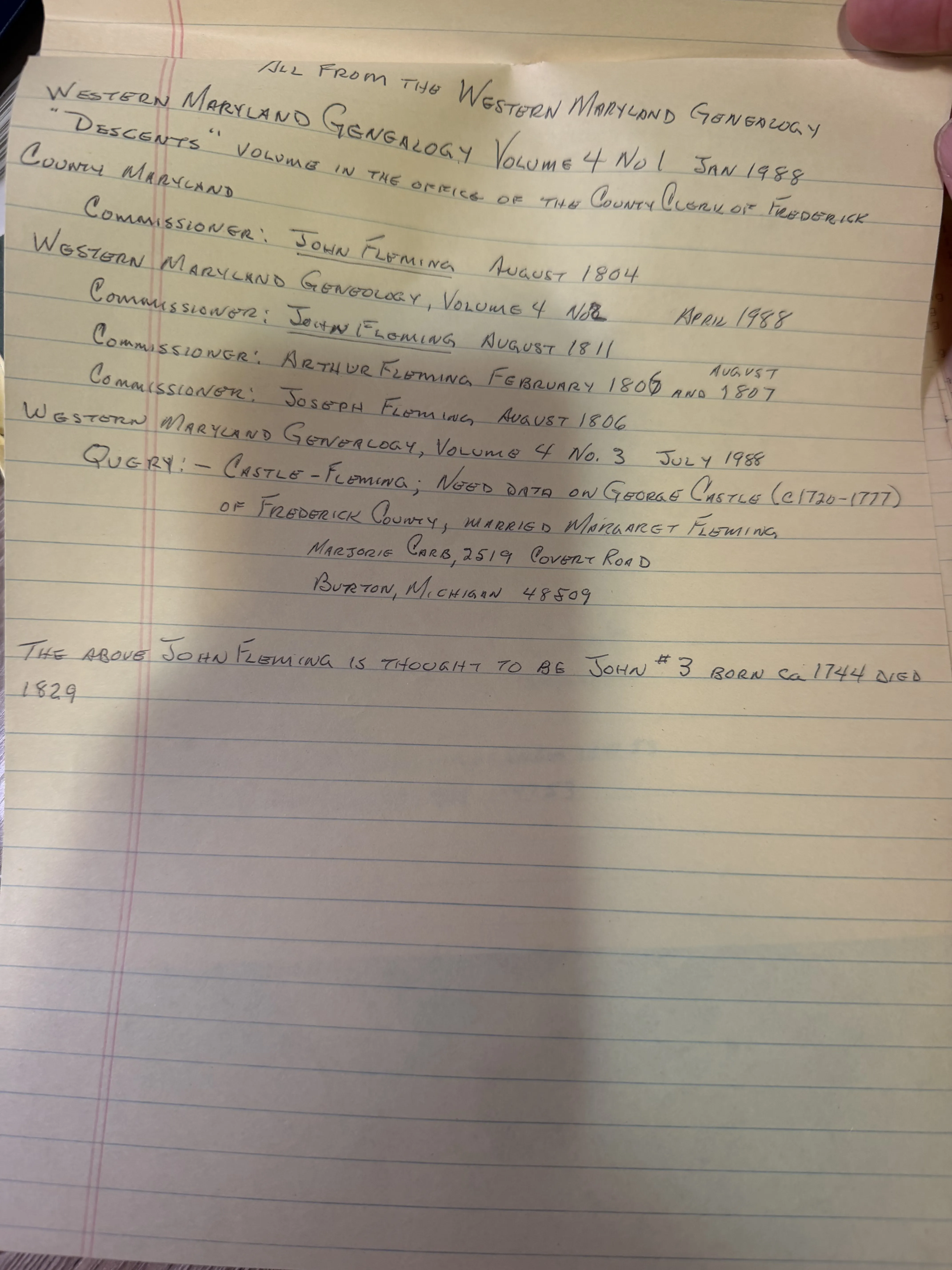 Handwritten notes from Western Maryland Genealogy volume 4, 1988, listing Flemings serving as land commissioners in Frederick County, Maryland.