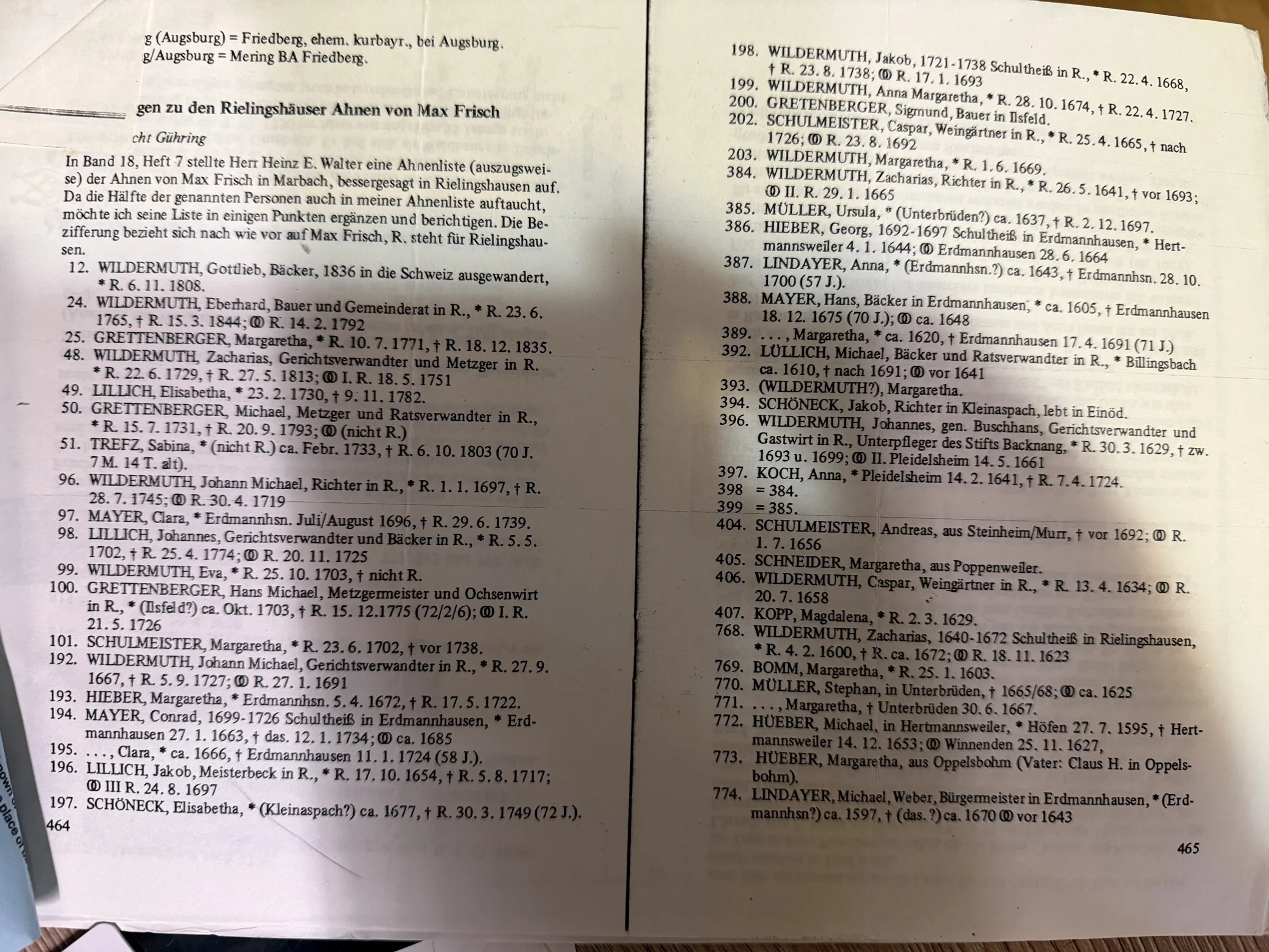 A page of a printed German ancestor list with numbered entries for Wildermuth, Grettenberger, Lillich, Mayer, Hieber and other Rielingshausen families, giving birth, marriage and death dates and occupations from the seventeenth and eighteenth centuries.