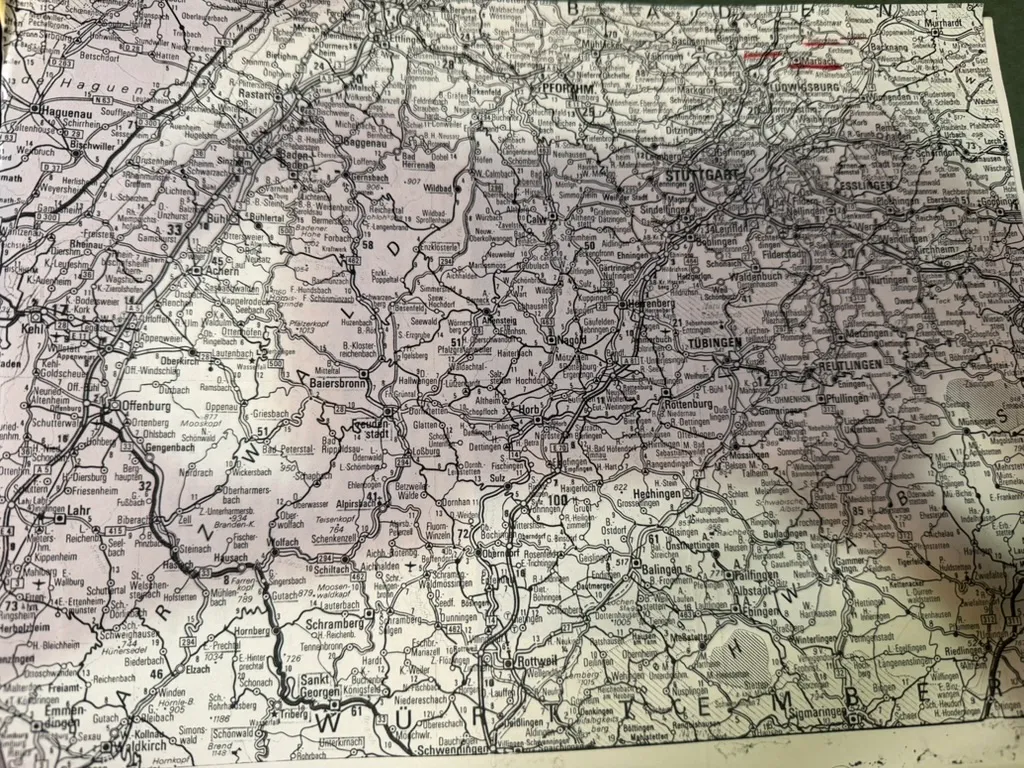 A wider road map of Baden-Württemberg from the Rhine to the Swabian Alb, with red marks near Ludwigsburg and Marbach.