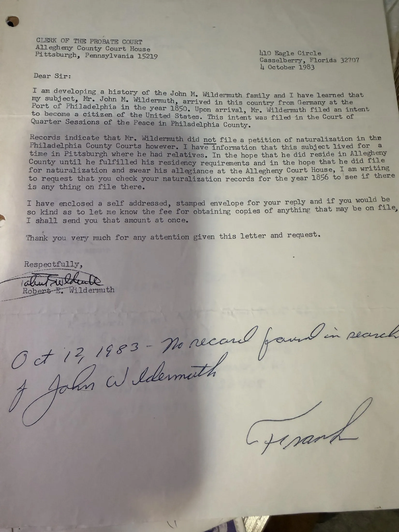 A typed letter dated 4 October 1983 to the Clerk of the Probate Court, Allegheny County Court House, Pittsburgh, asking that the 1856 naturalization records be checked for John M. Wildermuth, annotated in ink with the reply that no record was found.