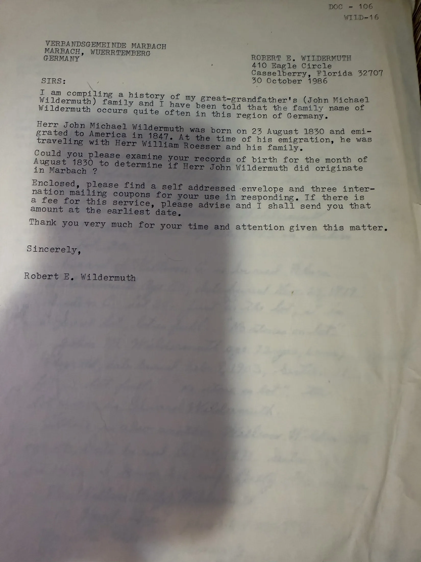 A typed letter dated 30 October 1986 to the Verbandsgemeinde Marbach, Wuerrtemberg, in English, asking the town to examine its birth records for August 1830 for John Michael Wildermuth and enclosing three international mailing coupons.