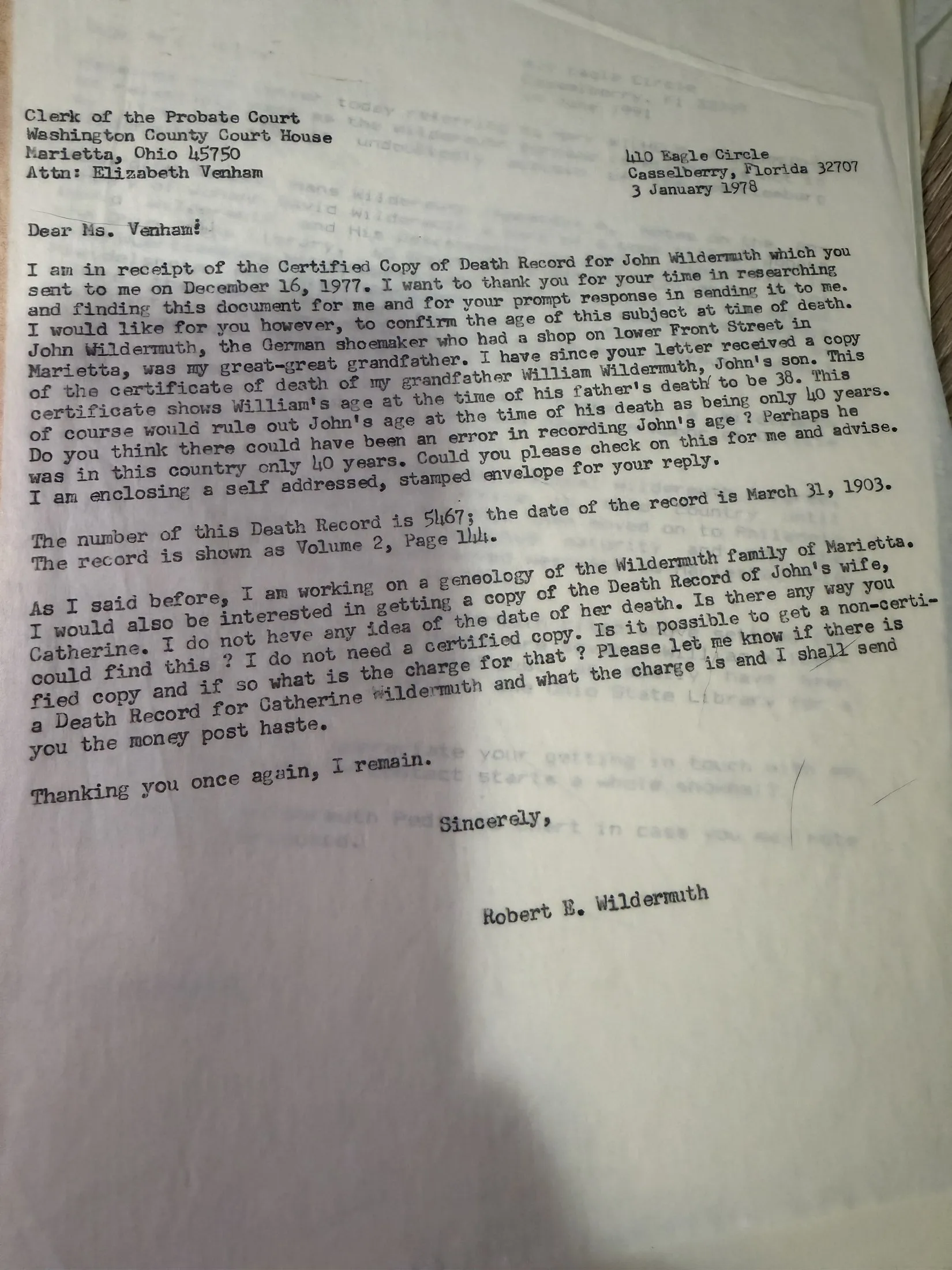 A typed letter dated 3 January 1978 to the Clerk of the Probate Court, Washington County Court House, Marietta, Ohio, attention Elizabeth Venham, acknowledging receipt of a certified copy of the death record for John Wildermuth and questioning the age recorded on it.