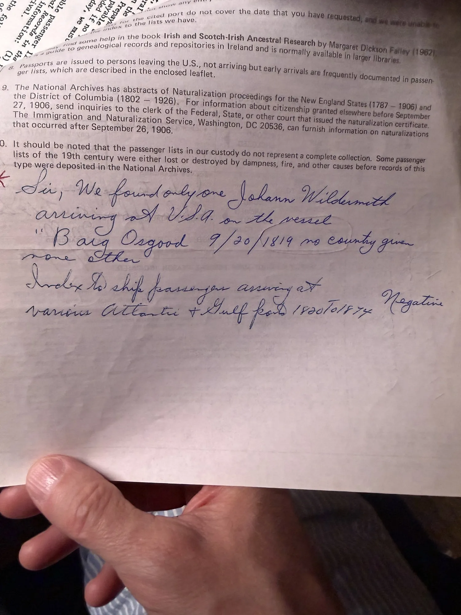 A typed letter dated 4 October 1983 to the Probate Court, Montgomery County, Norristown, Pennsylvania, stamped received 12 October 1983, asking for a check of the 1856 naturalization records, with the Prothonotary’s typed reply of 28 October beneath it reporting a thorough search from 1850 through 1906 with nothing found.