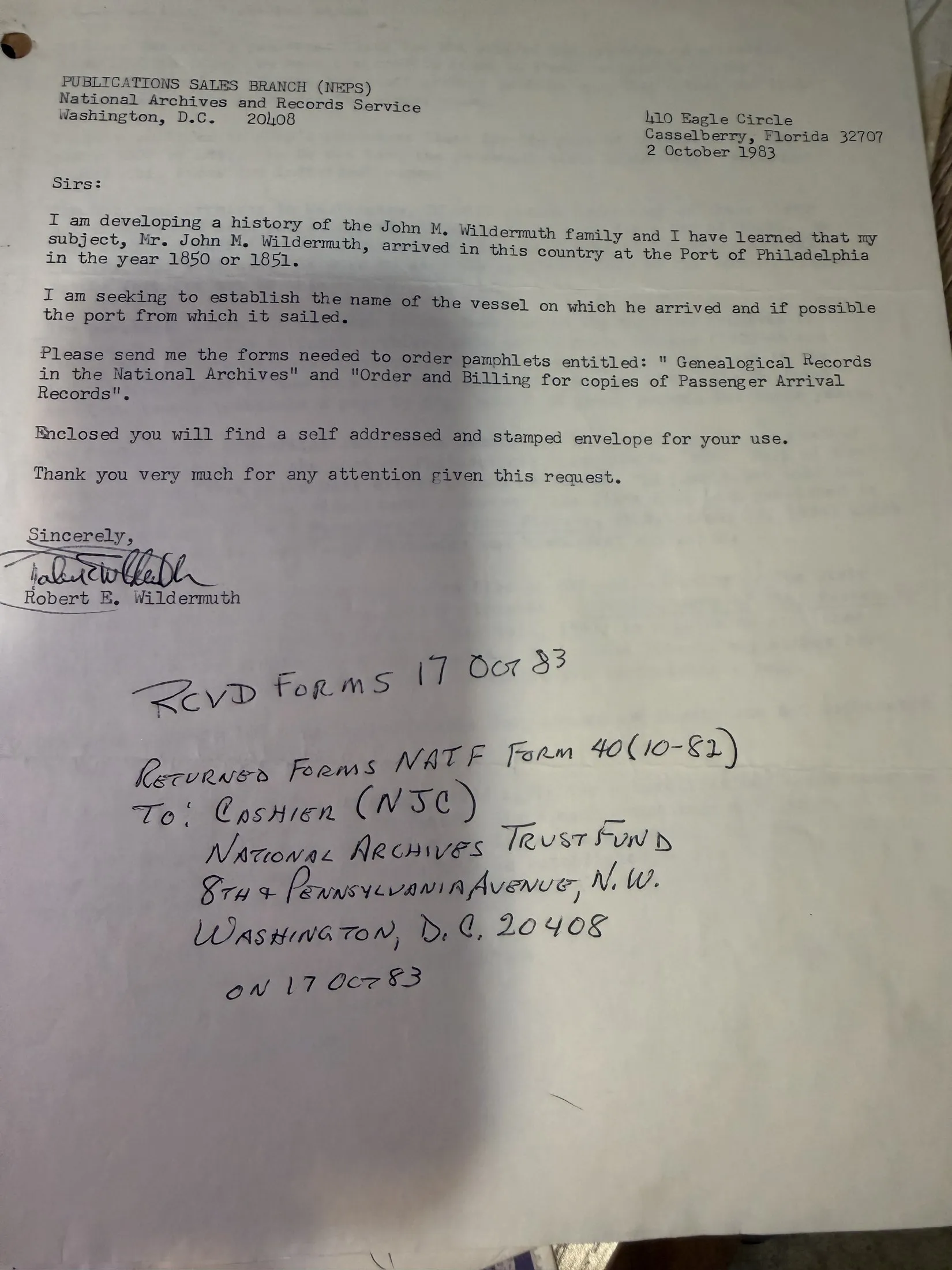 A typed letter dated 2 October 1983 to the Publications Sales Branch, National Archives and Records Service, Washington DC, stating that John M. Wildermuth arrived at the Port of Philadelphia in 1850 or 1851 and requesting forms to order passenger arrival records.