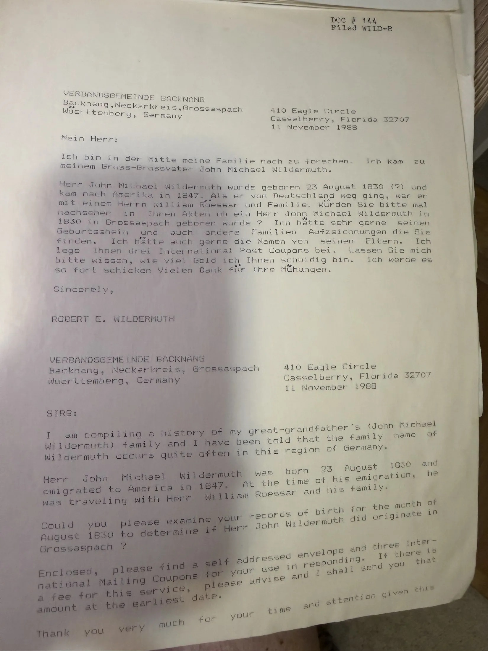 A typed letter dated 11 November 1980 to the Verbandsgemeinde Backnang, Neckarkreis, Grossaspach, Wuerttemberg, in German above and English below, asking the town to search its birth records for August 1830 for John Michael Wildermuth, and enclosing three international mailing coupons.