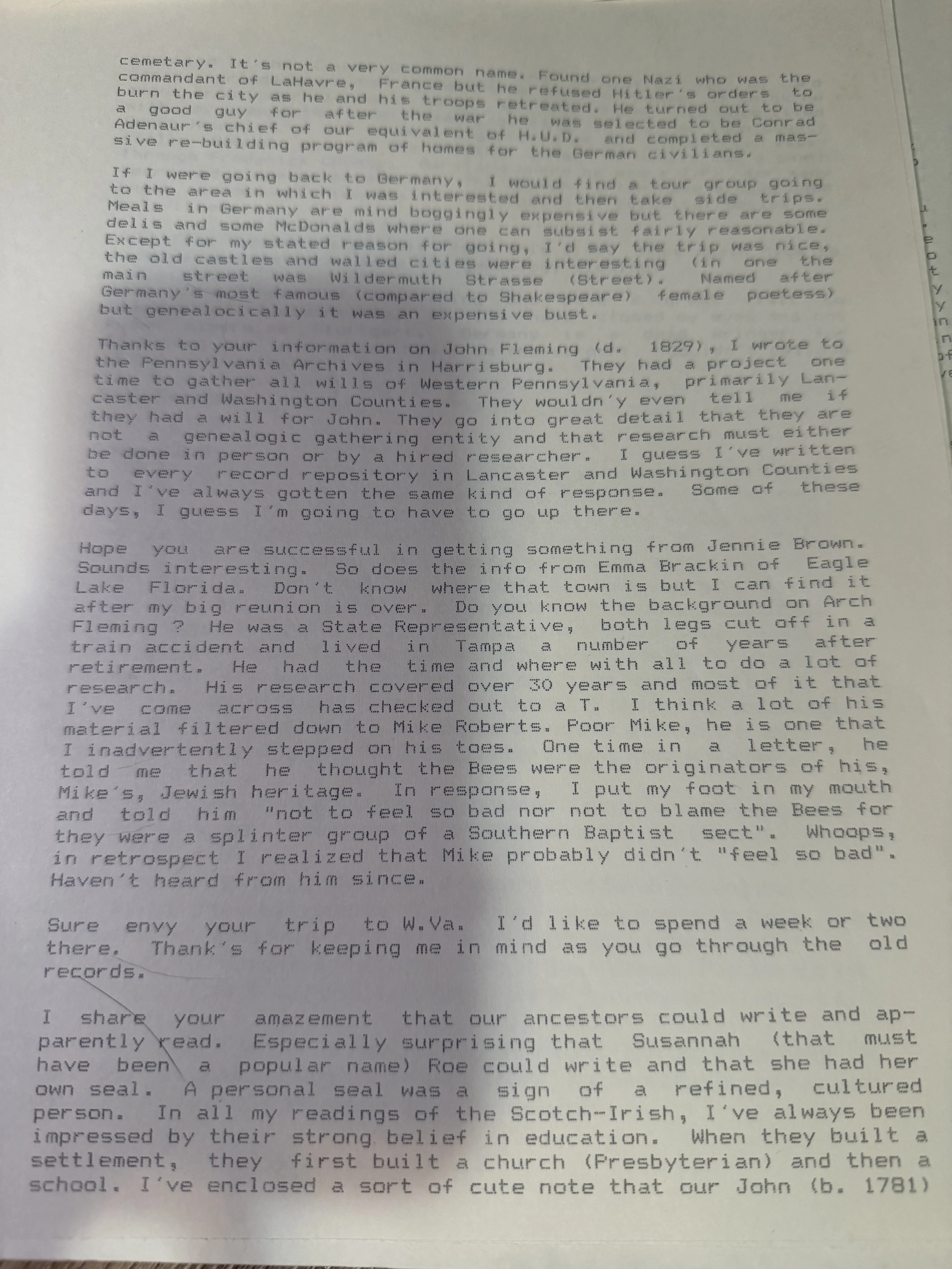 Page two of the letter, describing the Wildermuth street named after the poetess and the Wildermuth who commanded at Le Havre and later served under Adenauer, advising that a tour group with side trips is the way to research in Germany, recounting the Pennsylvania Archives’ refusal to say whether they held John Fleming’s will, giving the background of Arch Fleming the state representative who lost both legs in a train accident, recounting how he inadvertently offended Mike Roberts over a remark about the Bees, and expressing his amazement that Susannah Roe could write and had her own personal seal.