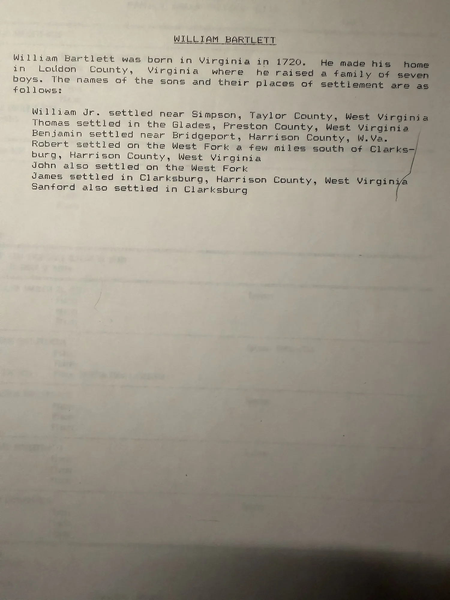 William Bartlett Family Group Record and sketch — Robert Earl Wildermuth's research, 1990