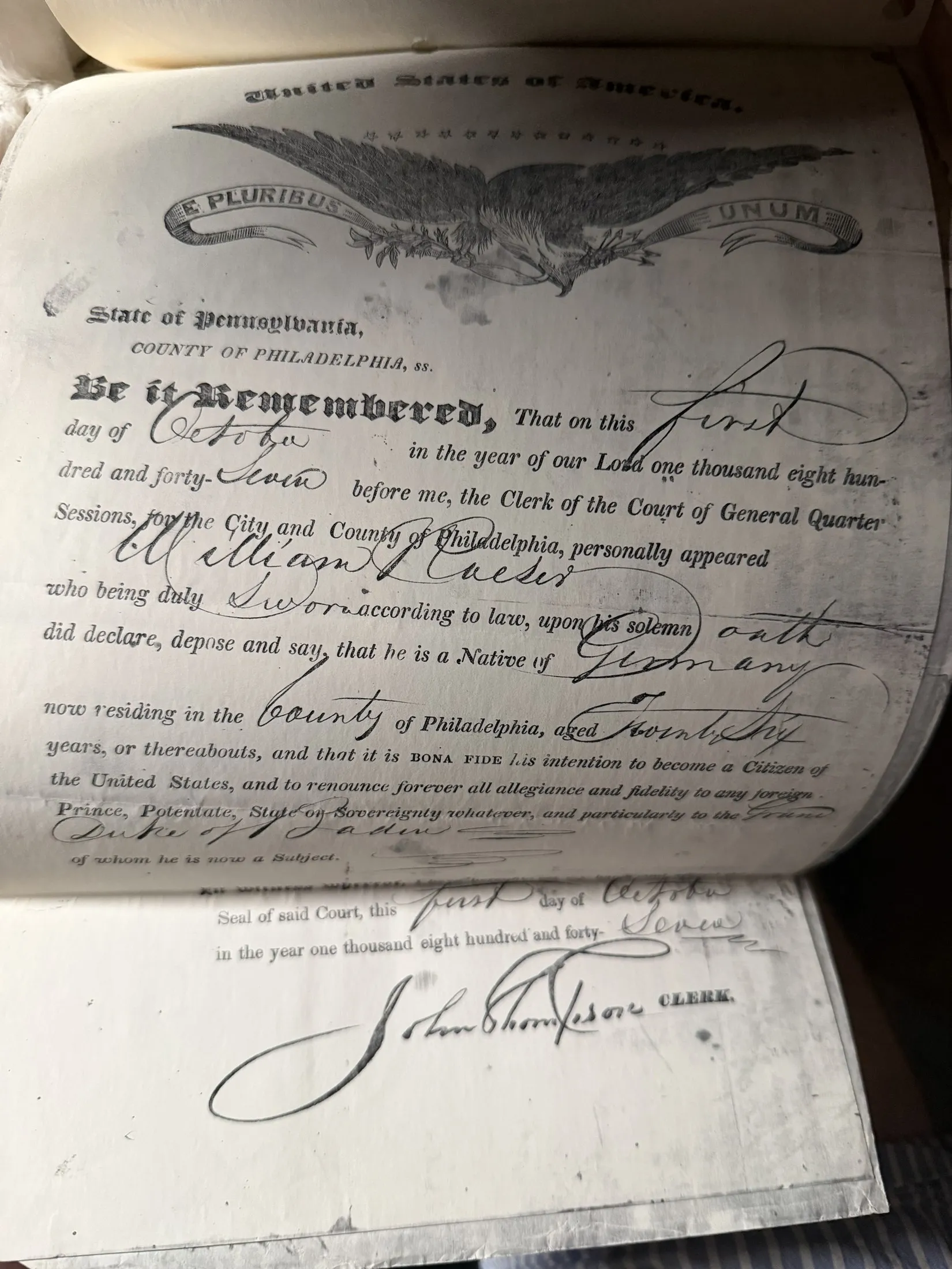 William Röeser's naturalization papers, 1847 — the document pair that settles it